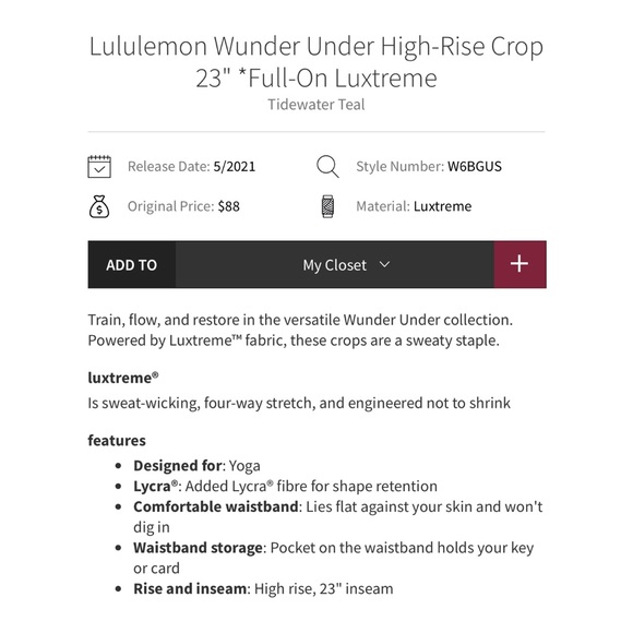 ★ Lululemon Wunder Under High-Rise Crop Full-On Luxtreme - Tidewater Teal ★ - Picture 17 of 17